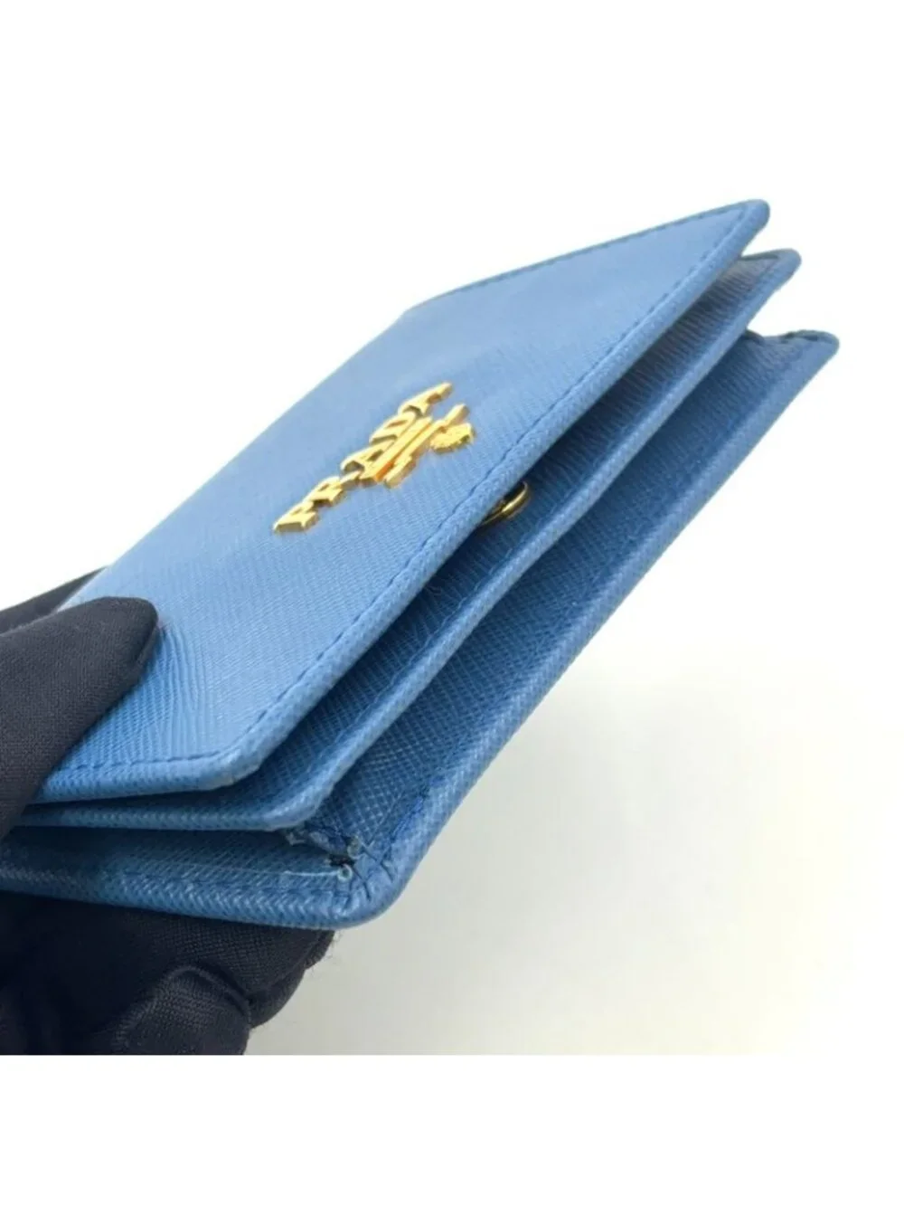 Prada Saffiano Metal Logo Leather Blue Card Case Gold - Picture 7 of 13